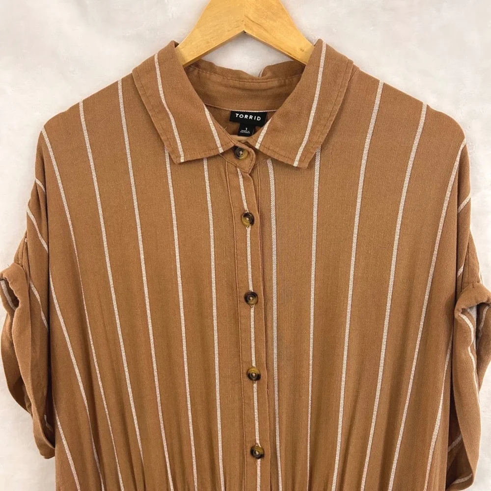 Torrid Brown White Striped Button Front Romper Women Plus Size 1 XL Short Sleeve - Picture 2 of 11